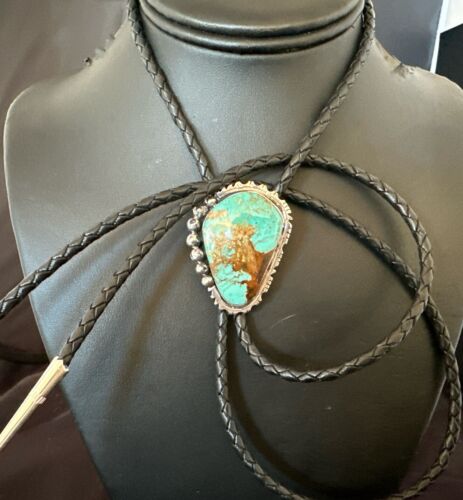 Men's Blue Turquoise #8 Bolo Tie | Navajo Sterling Silver | Authentic Native American Handmade | 16810