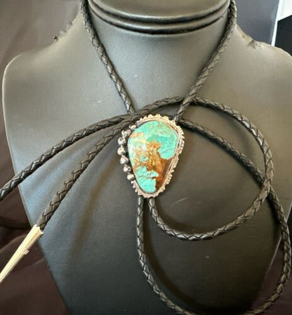 Men's Blue Turquoise #8 Bolo Tie | Navajo Sterling Silver | Authentic Native American Handmade | 16810