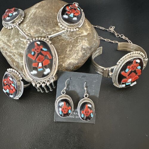 Native American Zuni Inlay Necklace Earrings Bracelet Set | Turquoise Onyx Coral | Sterling Silver | 16168