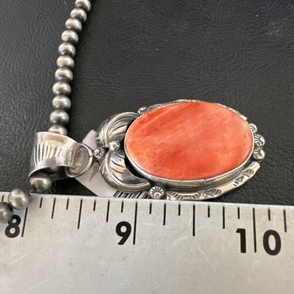 Navajo Orange Spiny Oyster Pendant Necklace | Sterling Silver | Authentic Native American Handmade | 15631