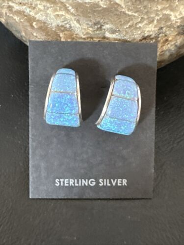 Navajo Blue Opal Inlay Post Earrings | Sterling Silver | Authentic Native American Handmade | 16949