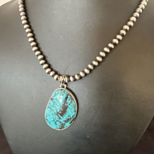 Men's Navajo Blue Spiderweb Turquoise Pendant Necklace | Sterling Silver | Authentic Native American Handmade | 16273