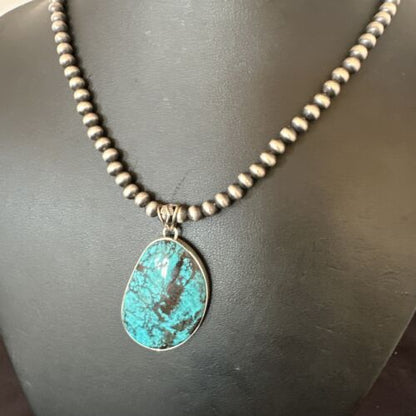Men's Navajo Blue Spiderweb Turquoise Pendant Necklace | Sterling Silver | Authentic Native American Handmade | 16273