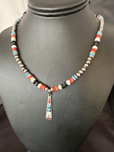 Navajo Turquoise Spiny Oyster Inlay Pendant Necklace | Sterling Silver | Authentic Native American Handmade | 13562