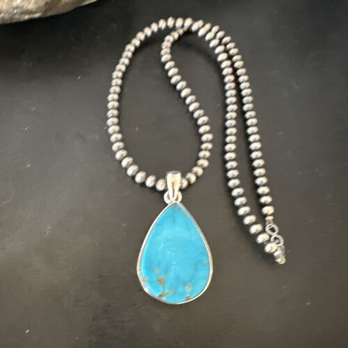 Navajo Blue Kingman Turquoise Pendant Necklace | Sterling Silver | 20" | Authentic Native American Handmade | 16725