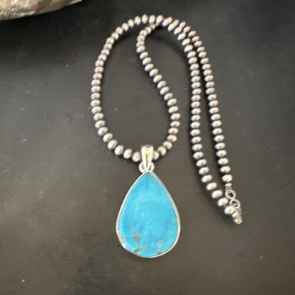 Navajo Blue Kingman Turquoise Pendant Necklace | Sterling Silver | 20" | Authentic Native American Handmade | 16725