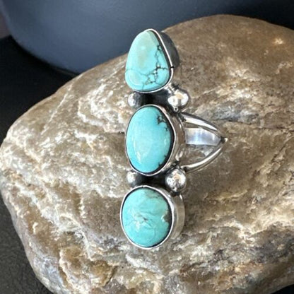 Navajo Blue Dry Creek Turquoise Cluster Ring | Authentic Native American Sterling Silver | Multi-Stone | Sz 8 | 17840