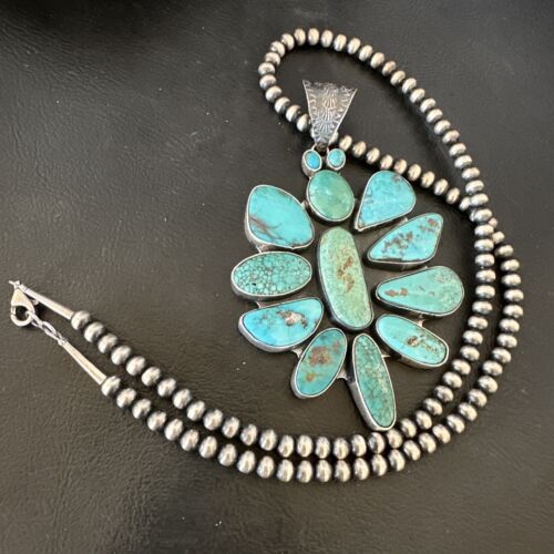 Navajo Blue Kingman Turquoise Cluster Pendant Necklace | Sterling Silver | Native American Handmade | 16797