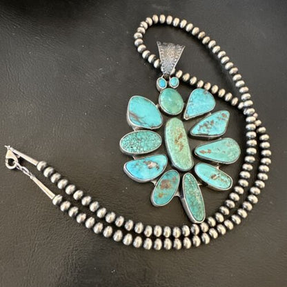 Navajo Blue Kingman Turquoise Cluster Pendant Necklace | Sterling Silver | Native American Handmade | 16797