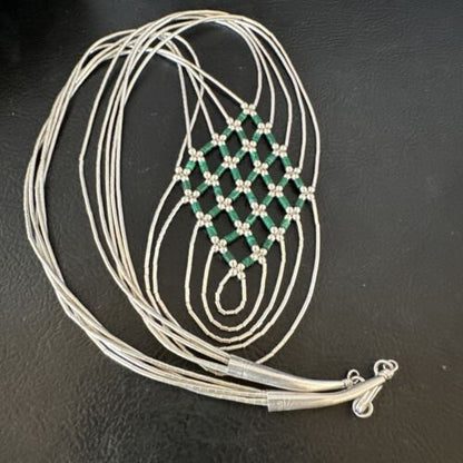 Crisscross Green Malachite Heishi Necklace | 5 Strand Liquid Sterling Silver | 22" | 15884