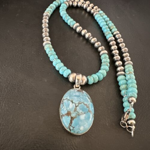 Navajo Blue Spiderweb Turquoise Pendant Necklace | Sterling Silver | Authentic Native American Handmade | 17080