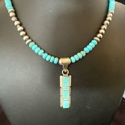 Turquoise #8 Inlay Pendant Necklace | Navajo Sterling Silver | Authentic Native American Handmade | 17073