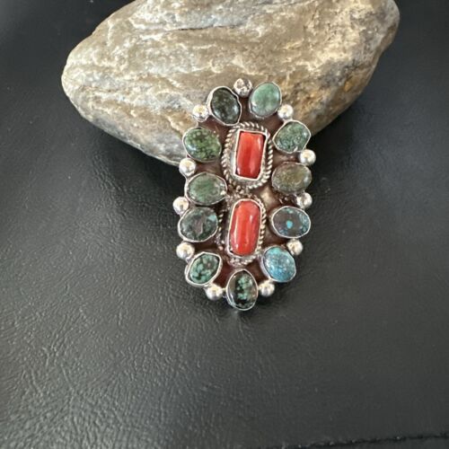 Navajo Spiderweb Turquoise Coral Cluster Ring | Authentic Native American Sterling Silver | Multi-Stone | Sz 10 | 17183