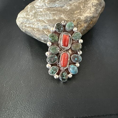 Navajo Spiderweb Turquoise Coral Cluster Ring | Authentic Native American Sterling Silver | Multi-Stone | Sz 10 | 17183