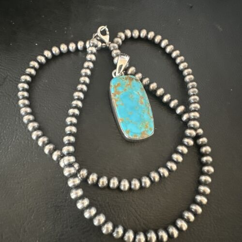 Navajo Blue Kingman Turquoise Pendant Necklace | Sterling Silver | 20" | Authentic Native American Handmade | 16698