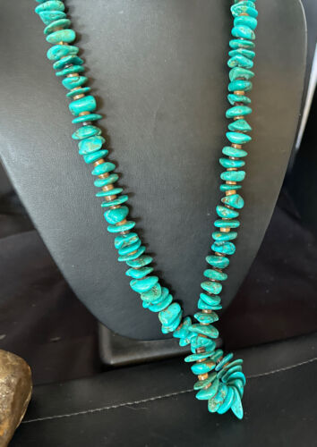 Navajo Blue Kingman Nugget Turquoise Necklace | Sterling Silver | 26" | Authentic Native American Handmade | 15289