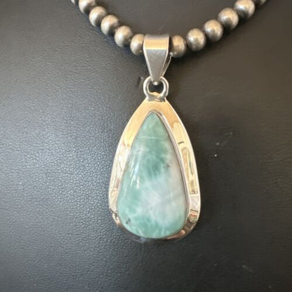Navajo Blue Larimar Pendant Necklace | Sterling Silver Beads | Authentic Native American Handmade | 17564