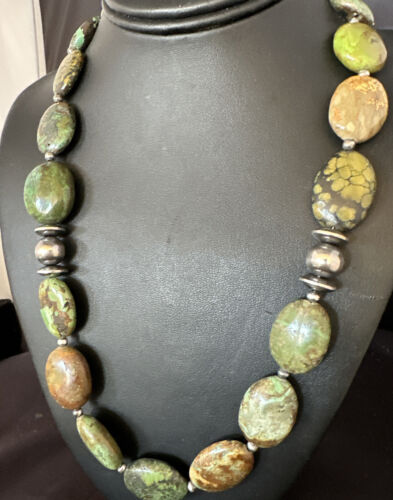 Navajo Green Turquoise Chunky Necklace | Sterling Silver | Graduated | Authentic Native American | 23" | 15202
