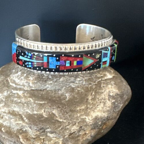 Mens Navajo Black Onyx Coral Turquoise Sterling Silver Cuff Bracelet Inlay 16122