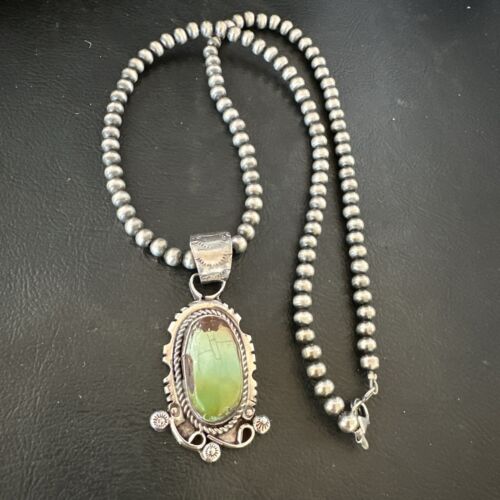 Navajo Royston Turquoise Pendant Necklace | Sterling Silver Pearls | Authentic Native American Handmade | 17060