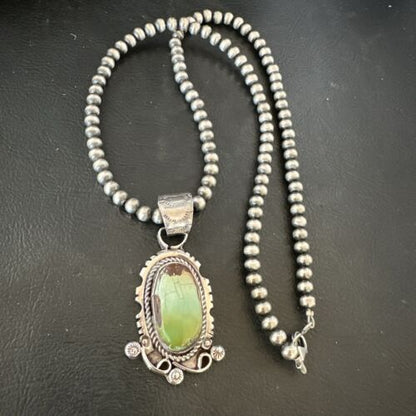 Navajo Royston Turquoise Pendant Necklace | Sterling Silver Pearls | Authentic Native American Handmade | 17060