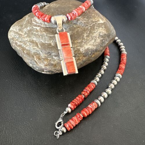 Navajo Red Spiny Oyster Pendant Necklace | Sterling Silver Inlay | Authentic Native American Handmade | 16884