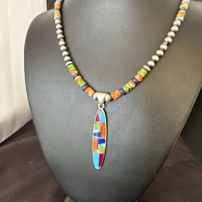 Navajo Lapis Spiny Oyster Turquoise Inlay Pendant Necklace | Sterling Silver | 21" | Authentic Native American Handmade | 16626