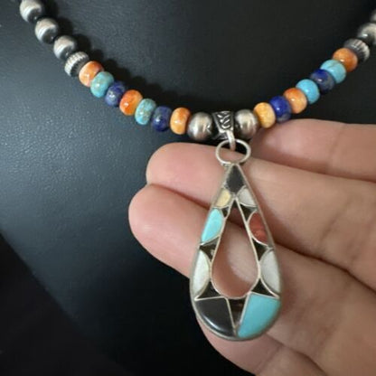 Navajo Spiny Oyster Turquoise Lapis Inlay Pendant Necklace | Sterling Silver | 21" | Authentic Native American Handmade | 16768