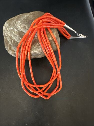 Orange Coral Tube Heishi Bead Necklace | 5 Strand Navajo Sterling Silver | 18" | 15280