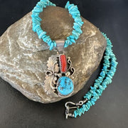 Navajo Blue Turquoise Coral Pendant Necklace | Sterling Silver Pearls | 20" | Authentic Native American Handmade | 17541