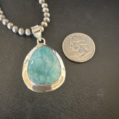 Navajo Blue Larimar Pendant Necklace | Sterling Silver Beads | Authentic Native American Handmade | 17563