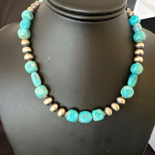 Navajo Blue Turquoise Nugget Necklace | Sterling Silver Pearls | Authentic Native American Handmade | 16" | 16655