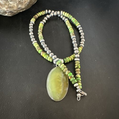 Navajo Green Turquoise Pendant Necklace | Sterling Silver | Authentic Native American Handmade | 16919