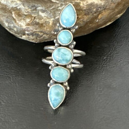 Navajo Blue Larimar Multi-Stone Ring | Authentic Native American Sterling Silver | Multi-Stone | Sz 9.5 | 15974