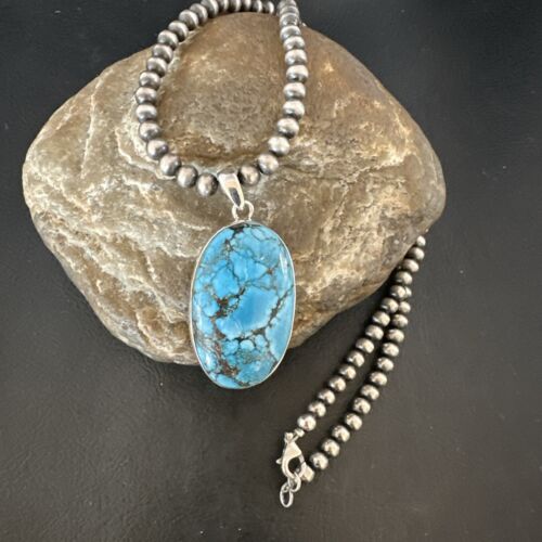 Navajo Blue Spiderweb Turquoise Pendant Necklace | Sterling Silver | Authentic Native American Handmade | 17014