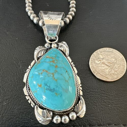 Navajo Men's Blue Kingman Turquoise Pendant Necklace | Sterling Silver | Authentic Native American Handmade | 17477