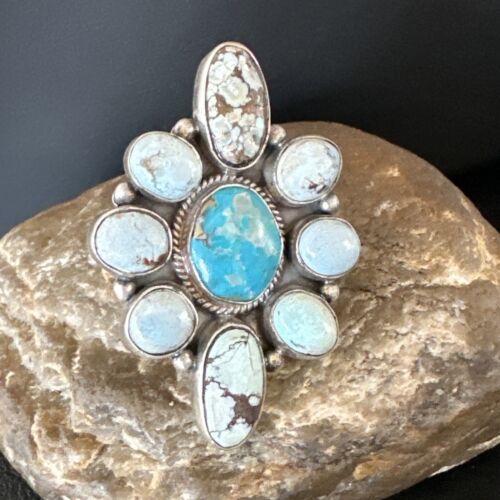 Navajo Golden Hills Turquoise Cluster Ring | Authentic Native American Sterling Silver | Multi-Stone | Sz 8.5 | 16285