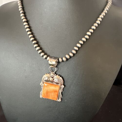 Navajo Orange Spiny Oyster Pendant Necklace | Sterling Silver | 20" | Authentic Native American Handmade | 16142