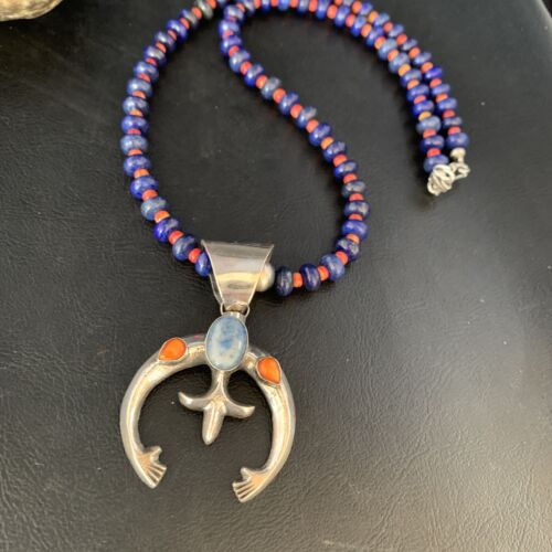 Navajo Blue Lapis Spiny Oyster Naja Pendant Necklace | Sterling Silver | Authentic Native American Handmade | 13708