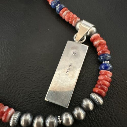 Navajo Pearls Sterling Silver Necklace | Lapis & Red Spiny Oyster Pendant | 17051