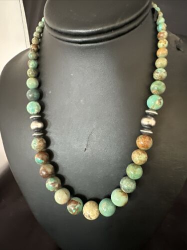 Navajo Green Turquoise Bead Necklace | Sterling Silver | Graduated | Authentic Native American | 18" | 17402