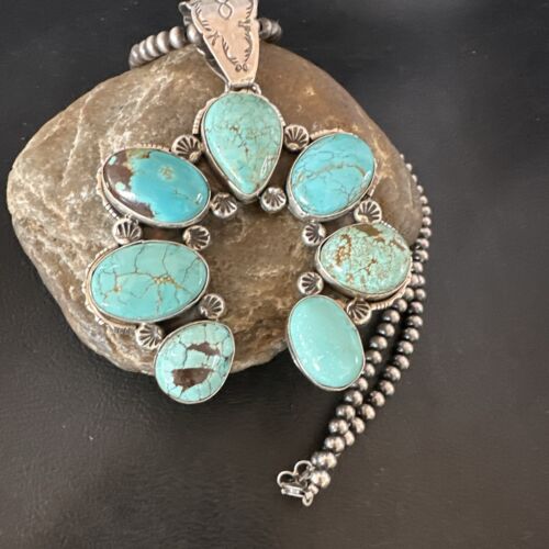 Navajo Blue Turquoise #8 Squash Blossom Naja Pendant Necklace | Sterling Silver | Authentic Native American Handmade | 16907