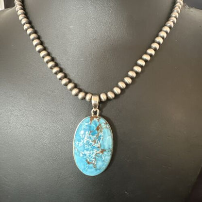 Navajo Blue Spiderweb Turquoise Pendant Necklace | Sterling Silver | Authentic Native American Handmade | 17015