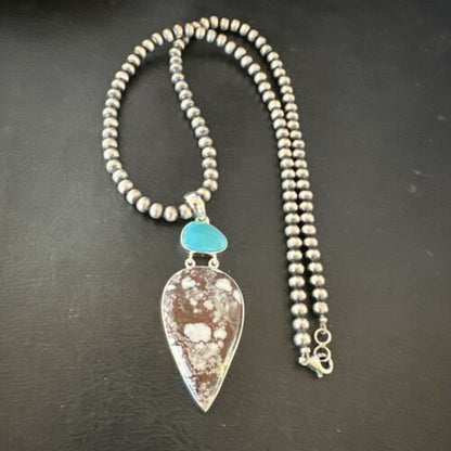Navajo Wild Horse | Blue Kingman Turquoise Necklace | Sterling Silver | Authentic Native American Handmade | 17304