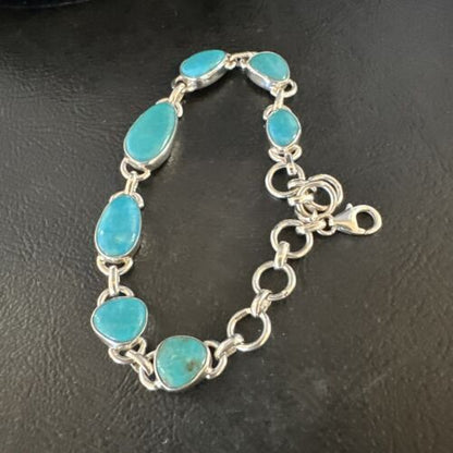 Navajo Blue Turquoise Link Bracelet | Sterling Silver | 8" | Authentic Native American Handmade | 15476 - Masha USA