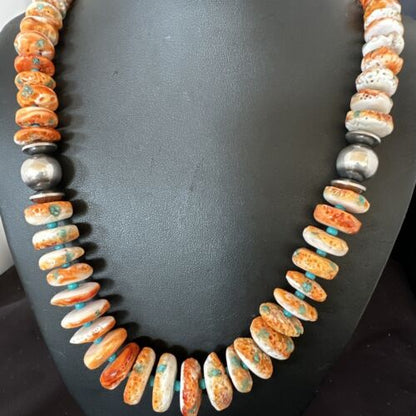 Navajo Blue Turquoise & Spiny Oyster Graduated Necklace | Sterling Silver | Authentic Native American | 24" | 16263 - Masha USA