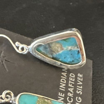 Navajo Blue Turquoise Dangle Earrings | Sterling Silver | Authentic Native American Handmade | 15438