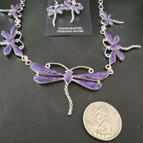 Navajo Dragonfly Purple Sugilite Necklace and Earrings Set | Sterling Silver | Native American Handmade | 16257