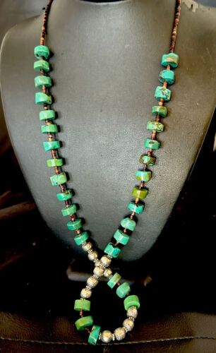 Navajo Blue Green Turquoise Heishi Bead Necklace | Sterling Silver | 24" | 16283