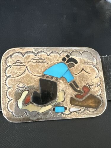 Ultra Rare Zuni Sun Face Inlay Belt | Turquoise Onyx | Sterling Silver | 40" | 17406